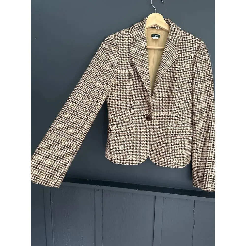 J. Crew Wool Blend Houndstooth Blazer Brown Tan Dark Academia Size 0